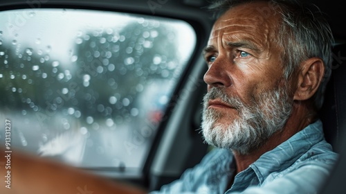 Reflective middle-aged man driving in the rain, closeup.