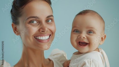 A mother's soft smile and her baby's joyful expression create a heartwarming scene in a bright studio setting.