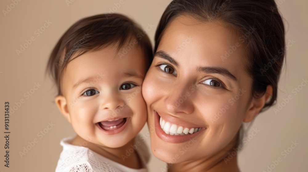 A mother smiles tenderly at her baby, their bond captured beautifully in a bright studio. A mother smiles tenderly at her baby, their bond captured beautifully in a bright studio.