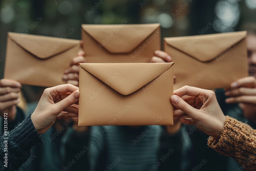 Group Of People Holding Brown Envelopes In A Natural Outdoor Setting During Daylight Hours Group Of People Holding Brown Envelopes In A Natural Outdoor Setting During Daylight Hours