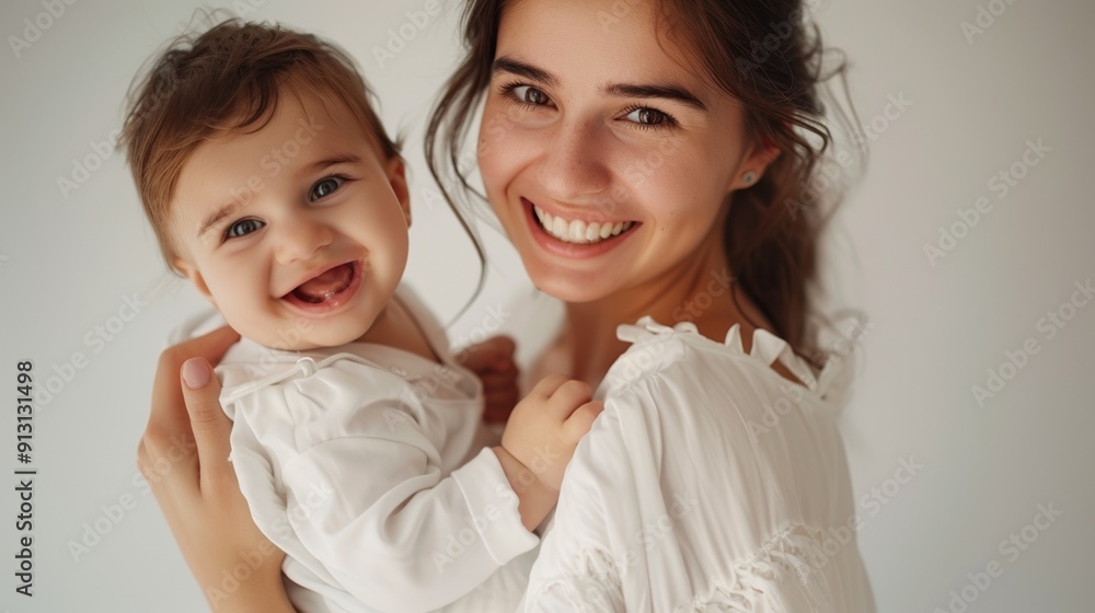 A joyful interaction between a mother and her delighted baby, captured in a light-filled studio.