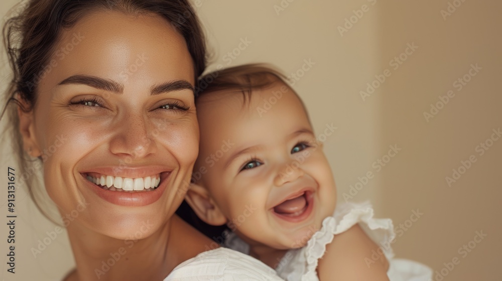 Gentle studio photo of a Brazilian mother looking adoringly at her happy baby, reflecting their strong connection. Gentle studio photo of a Brazilian mother looking adoringly at her happy baby, reflecting their strong connection.