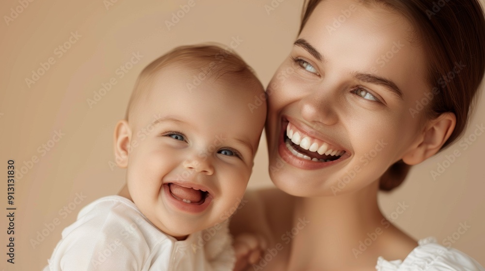 Capturing mutual affection, a joyful studio image of a mother and her cheerful baby in a serene setting. Capturing mutual affection, a joyful studio image of a mother and her cheerful baby in a serene setting.