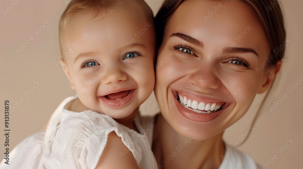 Capturing a warm moment, a mother and her delighted baby share a heartfelt connection in a serene studio. Capturing a warm moment, a mother and her delighted baby share a heartfelt connection in a serene studio.