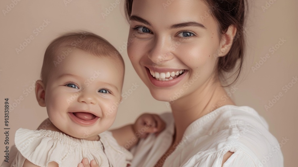 A mother's loving connection with her cheerful baby is showcased in a tender studio portrait with a light background. A mother's loving connection with her cheerful baby is showcased in a tender studio portrait with a light background.