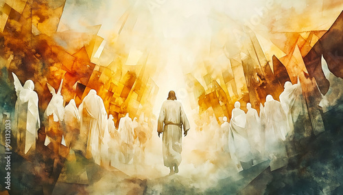 abstract watercolor painting of jesus walking among the dead and powerful angels in white robes, light shining down on them from above, with abstract geometric city background. Generative AI photo