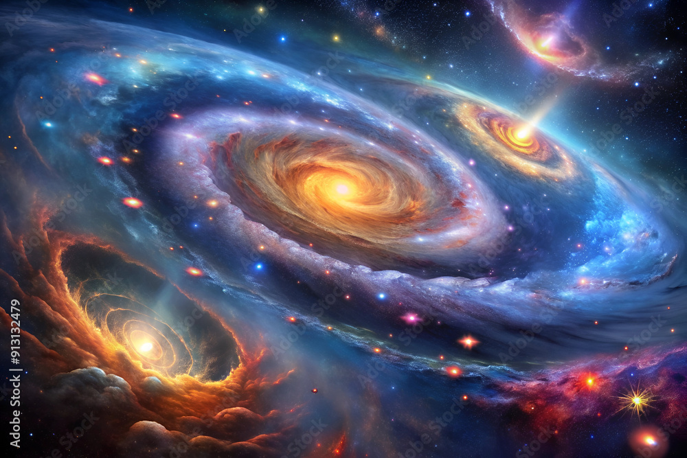 A colorful space scene with a spiral galaxy in the center and two smaller galaxies in the background. Scene is one of wonder and awe at the vastness of the universe A colorful space scene with a spiral galaxy in the center and two smaller galaxies in the background. Scene is one of wonder and awe at the vastness of the universe