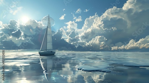 A sailboat is sailing in the ocean with a cloudy sky in the background