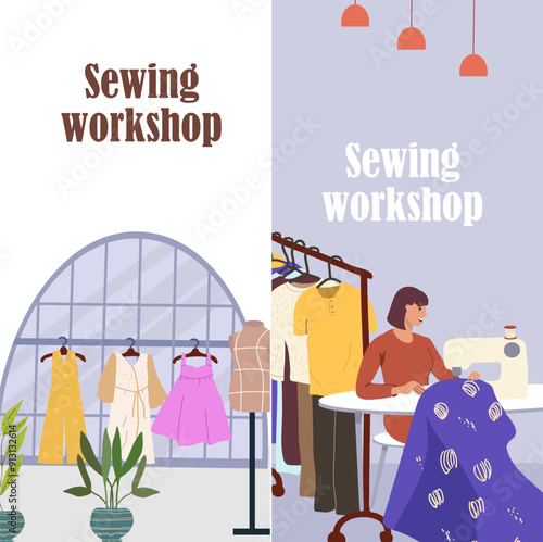 Vertical banner sewing workshop, custom tailoring, small business. Hand drawn.