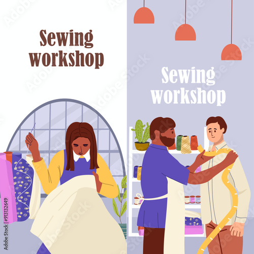 Vertical banner sewing workshop, custom tailoring, small business. Hand drawn.