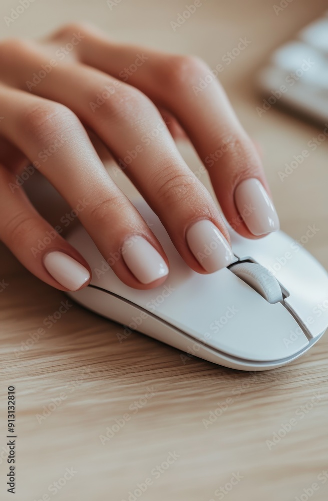 hand with white skin and well-groomed nails, holding an elegant computer mouse on a light wooden desk hand with white skin and well-groomed nails, holding an elegant computer mouse on a light wooden desk