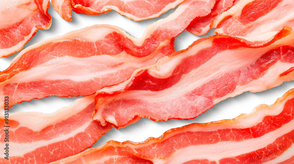 Slices of bacon with detailed texture, showing the crispiness and layers of fat and meat. Bacon's golden color and striped pattern highlight its visual appeal. Slices of bacon with detailed texture, showing the crispiness and layers of fat and meat. Bacon's golden color and striped pattern highlight its visual appeal.