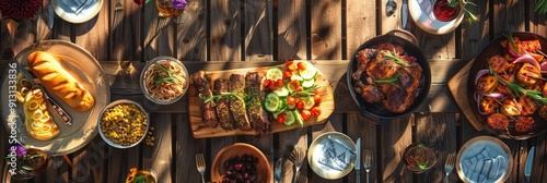 A picturesque spread of grilled meats, salads, and bread on a rustic wooden table under a summer sun. The vibrant colors and textures evoke a sense of warmth, community, and delicious enjoyment.