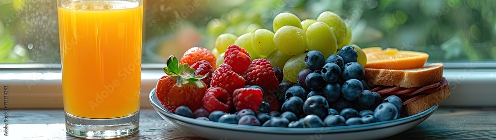 A vibrant and cheerful breakfast scene with a bowl of fresh fruit, a glass of orange juice, and a sandwich on a plate, all set on a kitchen counter with natural light streaming in A vibrant and cheerful breakfast scene with a bowl of fresh fruit, a glass of orange juice, and a sandwich on a plate, all set on a kitchen counter with natural light streaming in