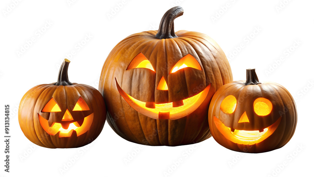 Trio of glowing jack-o-lanterns for Halloween, cut out transparent Trio of glowing jack-o-lanterns for Halloween, cut out transparent