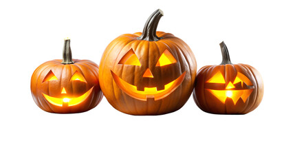 Halloween pumpkins with illuminated spooky faces, cut out transparent