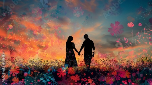 A silhouette of a couple holding hands against a vibrant sunset, surrounded by colorful flowers symbolizing love, relationship, nature, beauty, and togetherness.