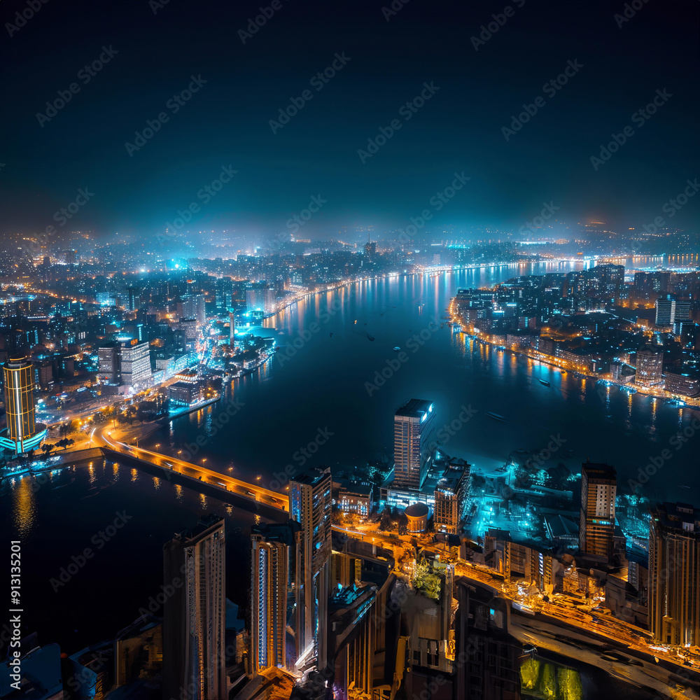Fototapeta premium Night aerial view of the Nile River, capturing its serene flow and the twinkling lights along its banks.