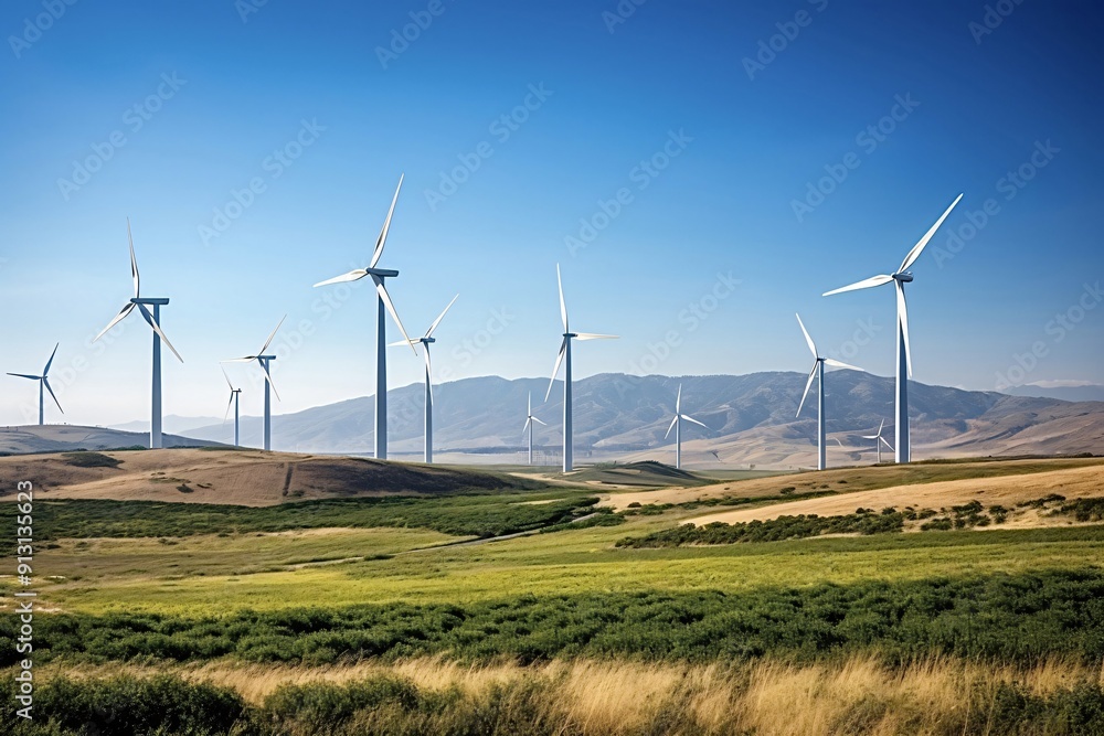Obraz premium Wind power plant generating clean energy in a green field with a blue sky