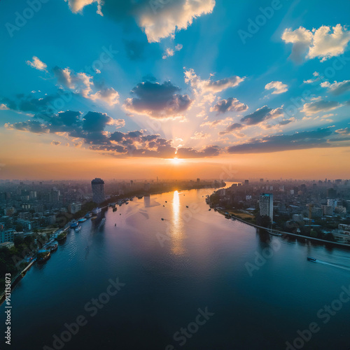 The Nile River flowing through Cairo, Egypt, with city skyline and lush greenery along its banks.