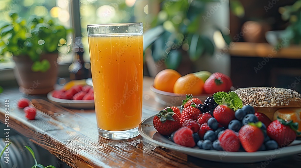 A vibrant and cheerful breakfast scene with a bowl of fresh fruit, a glass of orange juice, and a sandwich on a plate, all set on a kitchen counter with natural light streaming in A vibrant and cheerful breakfast scene with a bowl of fresh fruit, a glass of orange juice, and a sandwich on a plate, all set on a kitchen counter with natural light streaming in