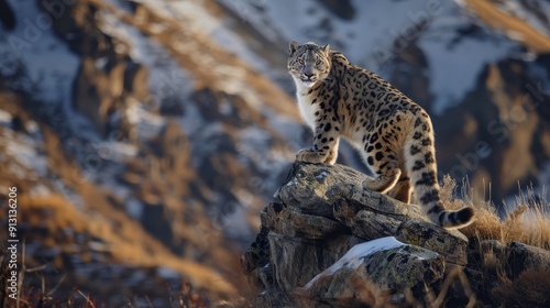  A snow leopard atop a boulder before a snow-capped mountain, green with grass and foliage