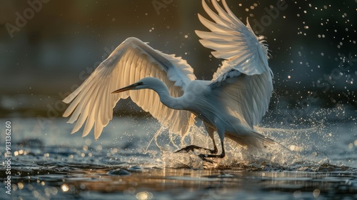  A large white bird stands atop a body of water, its wingsspread photo