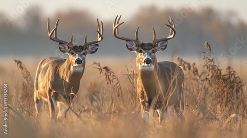  A couple of deer stand side by side atop a dry, grass-covered field, facing a forest