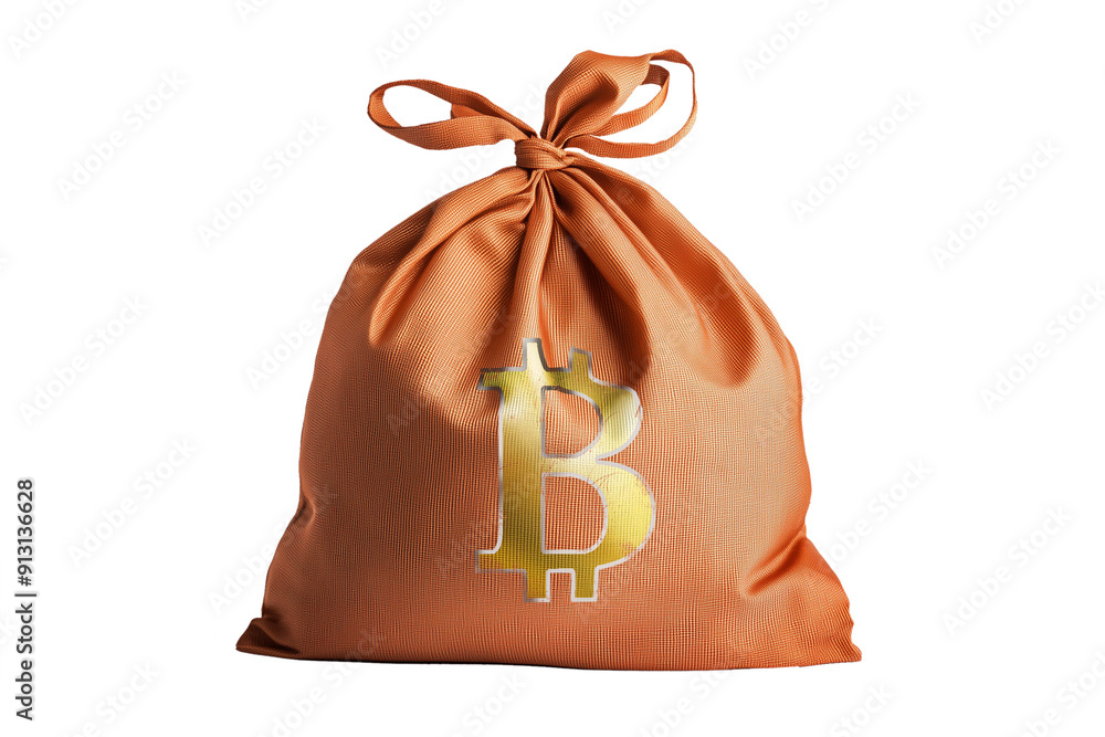 Sacos de criptomoedas laranja confecionado em seda e com cifrão dourado de crypto bitcoin, estampado isolado em fundo transparente Sacos de criptomoedas laranja confecionado em seda e com cifrão dourado de crypto bitcoin, estampado isolado em fundo transparente