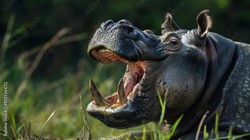 A close-up of a hippopotamus with its mouth agape A close-up of a hippopotamus with its mouth agape