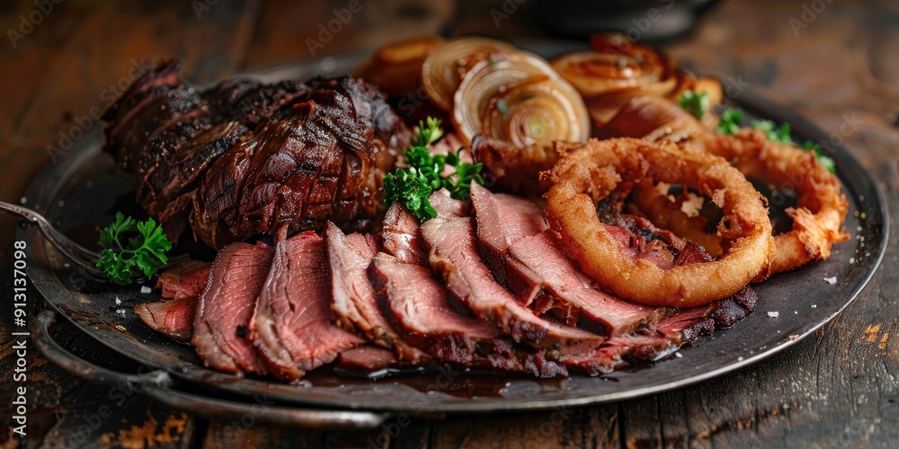 Classic Commonwealth Sunday Roast featuring thinly sliced cold cuts of roast beef accompanied by crispy fried onion rings presented in a close up shot on a vintage rustic metal platter Classic Commonwealth Sunday Roast featuring thinly sliced cold cuts of roast beef accompanied by crispy fried onion rings presented in a close up shot on a vintage rustic metal platter