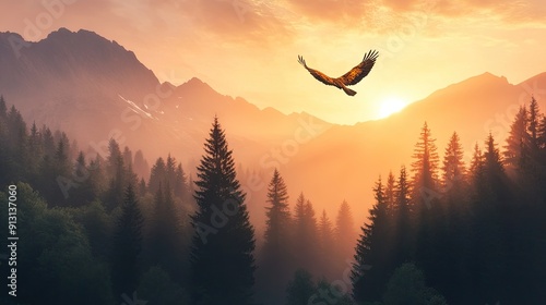 A lonely eagle soaring above a forested mountain range, with the sun setting behind. photo