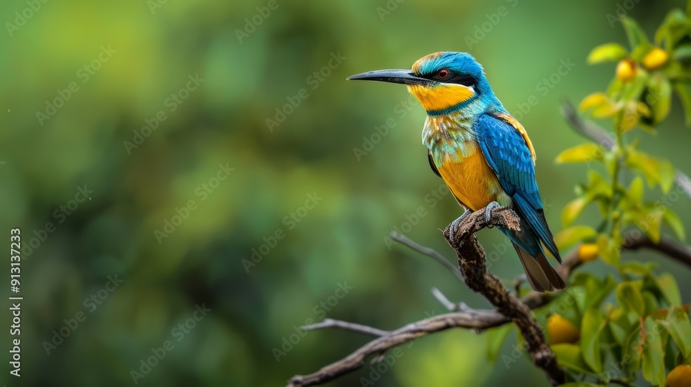 A vibrant bird perches on a tree branch amidst a lush green tree adorned with yellow blooms A vibrant bird perches on a tree branch amidst a lush green tree adorned with yellow blooms