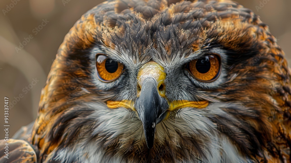 orange-black beak, yellow eyes; background softly blurred orange-black beak, yellow eyes; background softly blurred