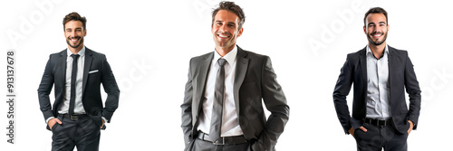  Set of businessman in a formal suit, with hands in pockets and a friendly smile isolated on transparent background  (3)