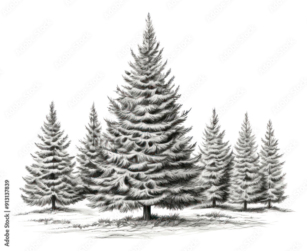 Obraz premium PNG Fir tree sketch bw drawing plant white.