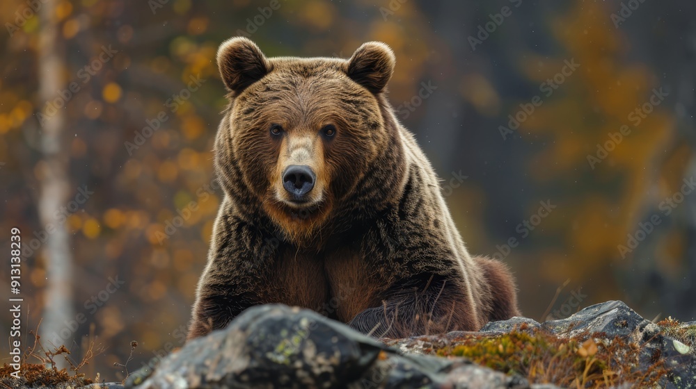 A large brown bear atop a rocky mound, adjacent to a dense forest teeming with numerous trees A large brown bear atop a rocky mound, adjacent to a dense forest teeming with numerous trees