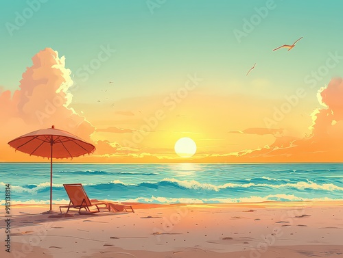  illustration showing a quiet beach at the end of summer, with gentle waves, a sunset sky in warm hues, and beach umbrellas and chairs being packed away.