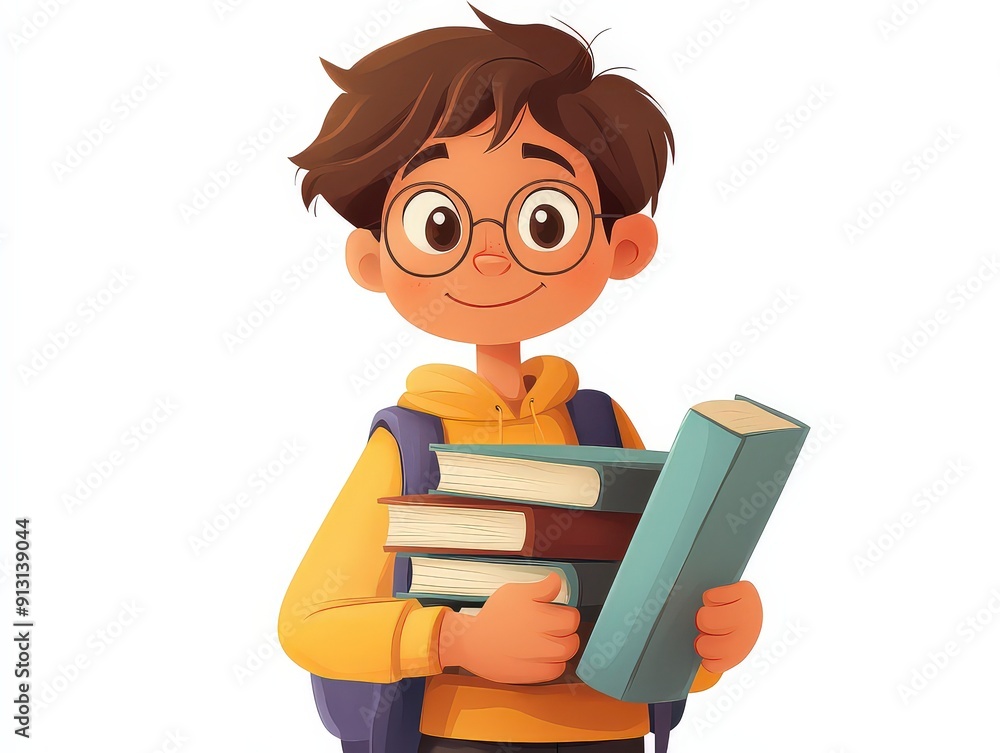 boy with glasses holding several books, smiling and wearing a yellow hoodie. boy with glasses holding several books, smiling and wearing a yellow hoodie.