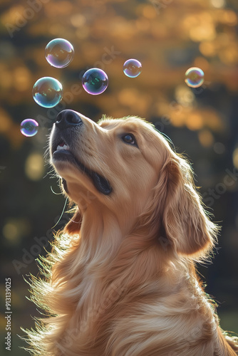 Golden Retriever Chasing Bubbles