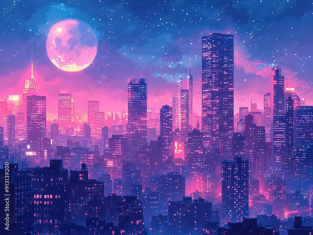 city skyline at night in lo-fi style, with glowing neon signs, softly lit skyscrapers, and a starry sky, all depicted in muted colors and with a vintage touch. city skyline at night in lo-fi style, with glowing neon signs, softly lit skyscrapers, and a starry sky, all depicted in muted colors and with a vintage touch.