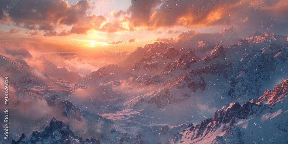 Fotografie Magnificent snowy mountain range under a dramatic sky
