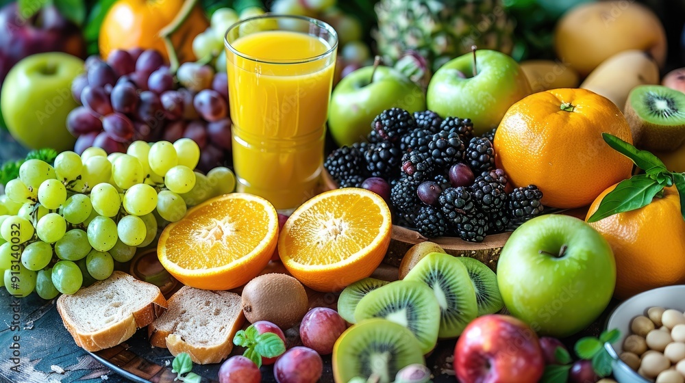 A vibrant and cheerful breakfast scene with a bowl of fresh fruit, a glass of orange juice, and a sandwich on a plate, all set on a kitchen counter with natural light streaming in A vibrant and cheerful breakfast scene with a bowl of fresh fruit, a glass of orange juice, and a sandwich on a plate, all set on a kitchen counter with natural light streaming in