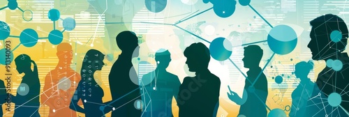 Silhouettes of diverse individuals standing in a network of connected circles, symbolizing global collaboration, communication, innovation, teamwork, and interconnectedness. photo