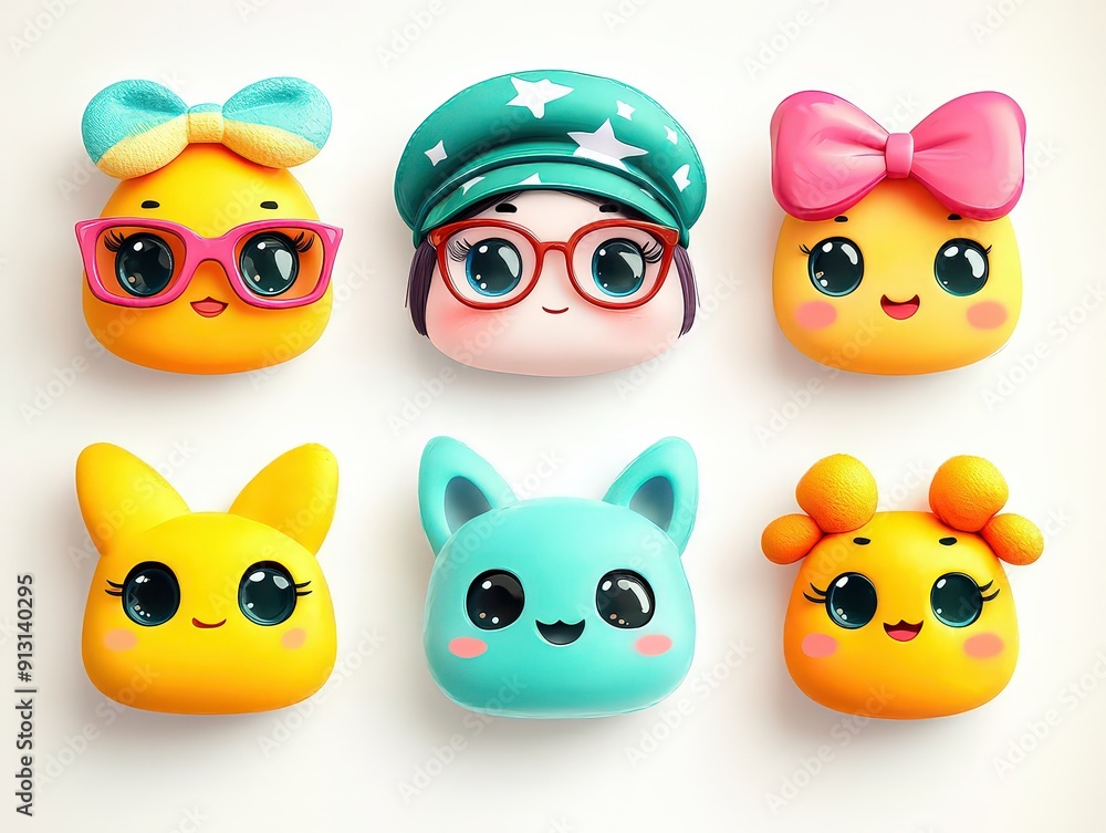 Six cute and colorful characters with big eyes, each with unique accessories like glasses, bows, and hats. Six cute and colorful characters with big eyes, each with unique accessories like glasses, bows, and hats.