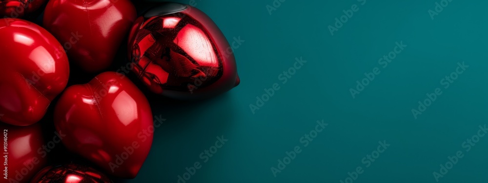 Red balloons in a shiny group against a teal-green backdrop Space available for text or image insertion Red balloons in a shiny group against a teal-green backdrop Space available for text or image insertion