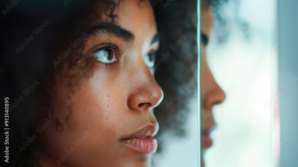 A person looking at their reflection in a mirror, with the focus on the reflection rather than the person A person looking at their reflection in a mirror, with the focus on the reflection rather than the person