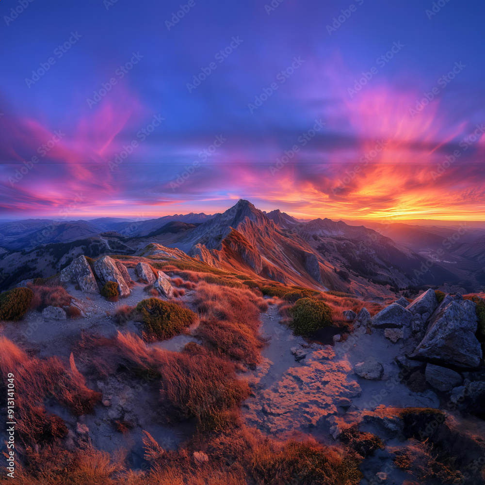 Fototapeta premium A picturesque sunrise over the mountains, highlighting the beauty of nature in the early morning light.