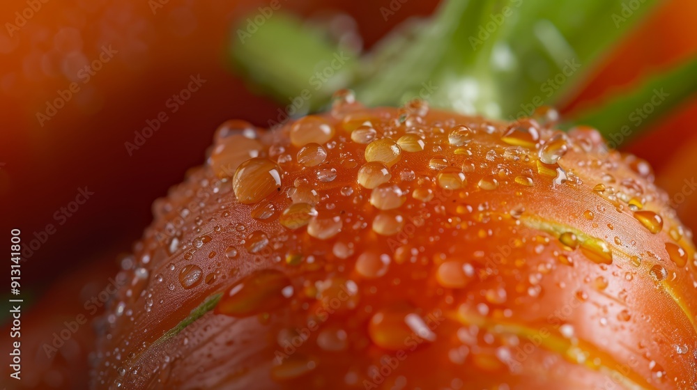 A tight shot of several oranges with water beads on their surfaces and a verdant stem in the foreground A tight shot of several oranges with water beads on their surfaces and a verdant stem in the foreground