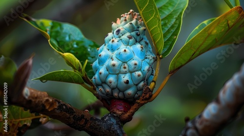  A tree branch with a blue fruit at its core and surrounding green leaves in the background photo